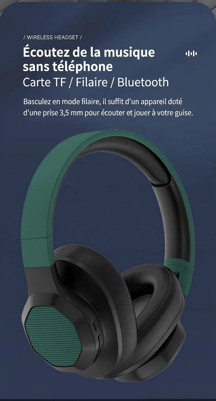 Casque sans fil supra-auriculaire avec basses profondes, Bluetooth 5.3, haut-parleurs de 40 mm, 10 h d'autonomie