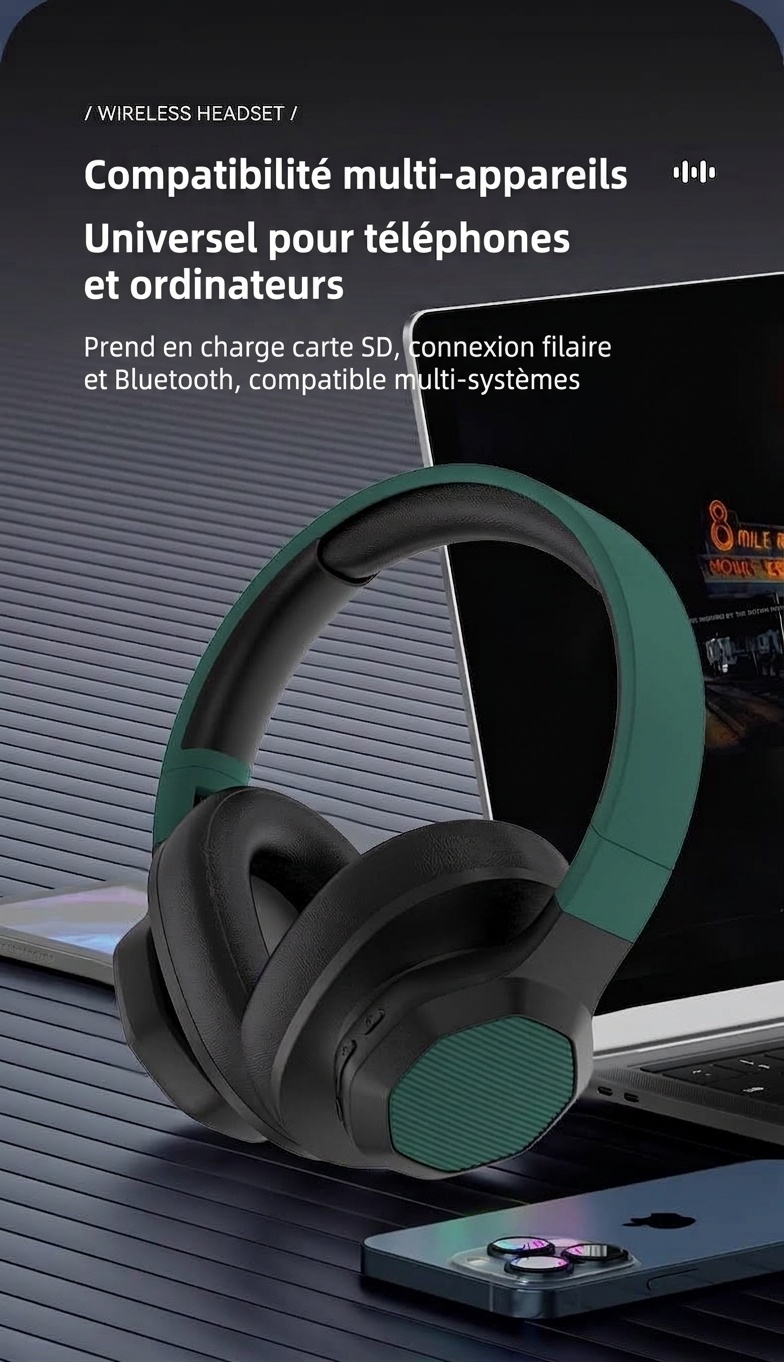 Casque sans fil supra-auriculaire avec basses profondes, Bluetooth 5.3, haut-parleurs de 40 mm, 10 h d'autonomie