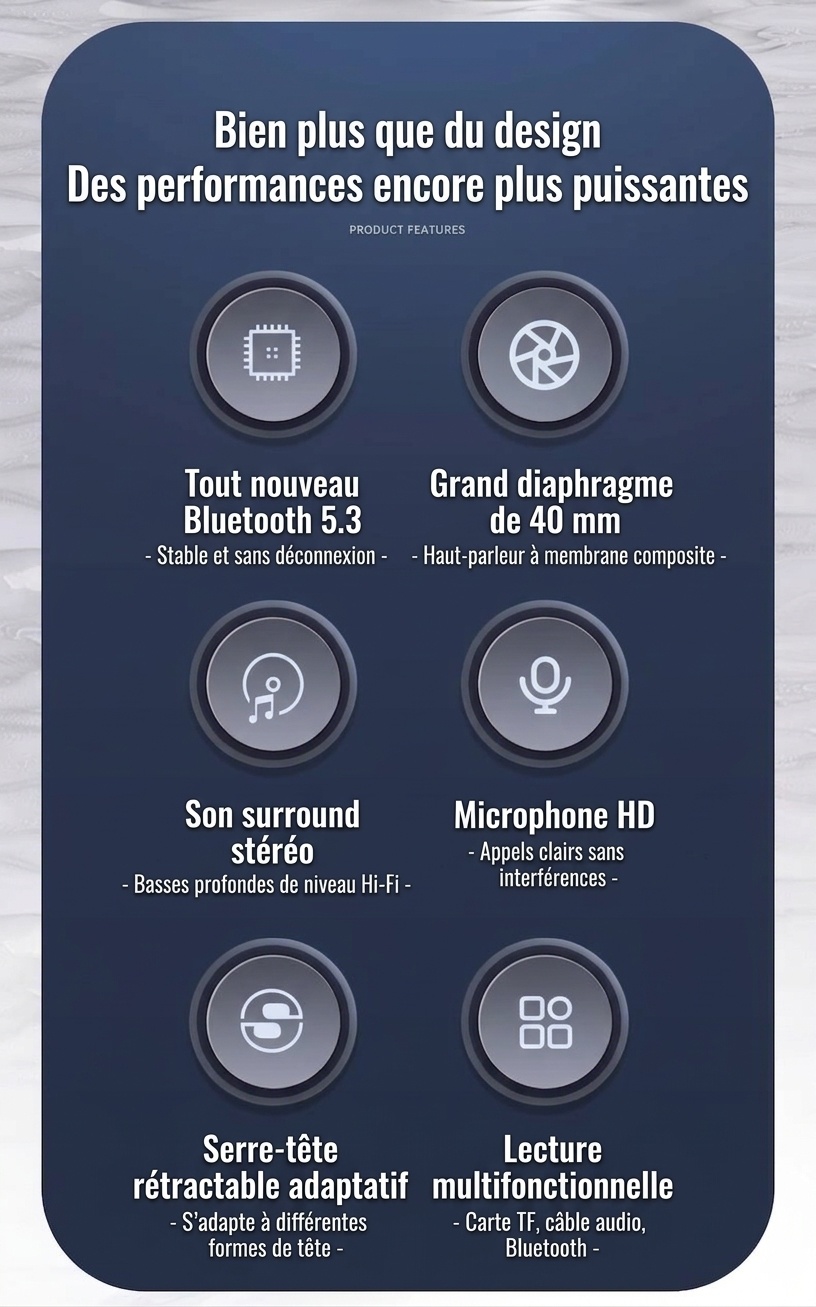 Casque sans fil supra-auriculaire avec basses profondes, Bluetooth 5.3, haut-parleurs de 40 mm, 10 h d'autonomie