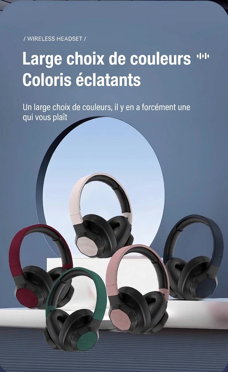 Casque sans fil supra-auriculaire avec basses profondes, Bluetooth 5.3, haut-parleurs de 40 mm, 10 h d'autonomie