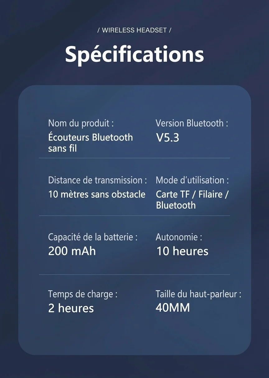 Casque sans fil supra-auriculaire avec basses profondes, Bluetooth 5.3, haut-parleurs de 40 mm, 10 h d'autonomie