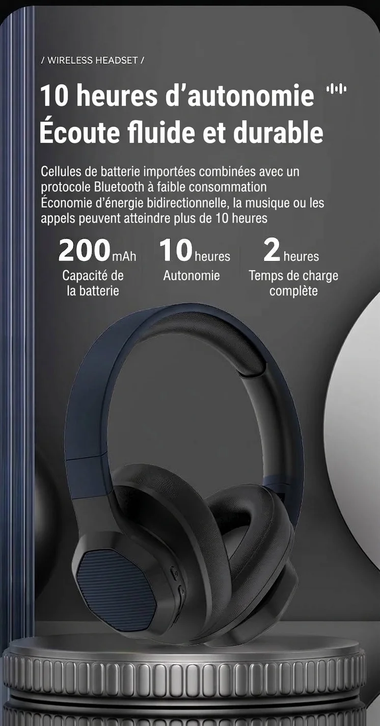 Casque sans fil supra-auriculaire avec basses profondes, Bluetooth 5.3, haut-parleurs de 40 mm, 10 h d'autonomie