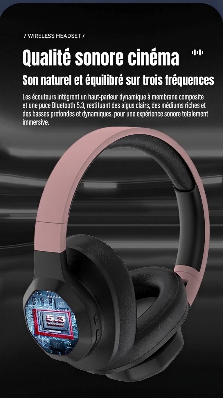Casque sans fil supra-auriculaire avec basses profondes, Bluetooth 5.3, haut-parleurs de 40 mm, 10 h d'autonomie