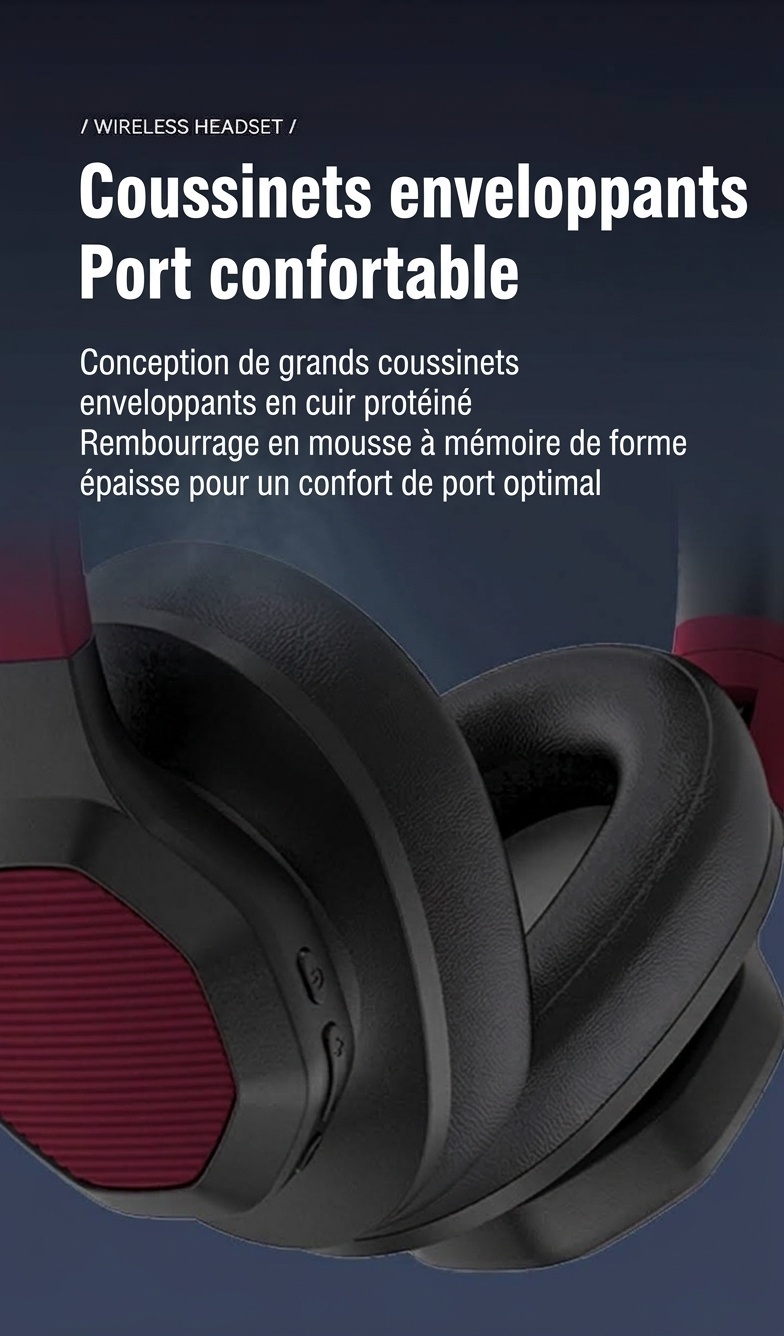Casque sans fil supra-auriculaire avec basses profondes, Bluetooth 5.3, haut-parleurs de 40 mm, 10 h d'autonomie