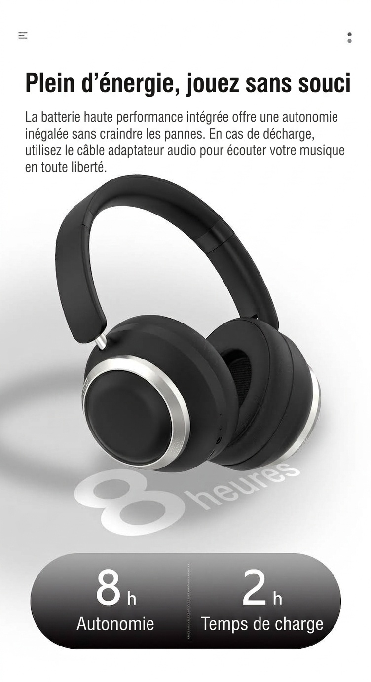 Casque audio sans fil stéréo HiFi P21, Bluetooth 6.0, haut-parleurs de 40 mm, autonomie de 8 heures