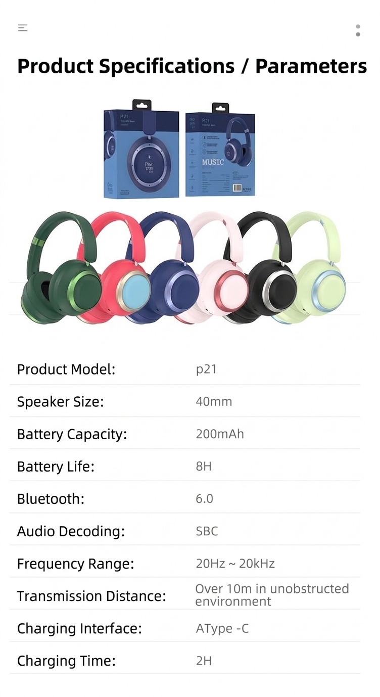 P21 HiFi Stereo Wireless Over-Ear Headphones, Bluetooth 6.0, 40mm Drivers, 8H Playtime