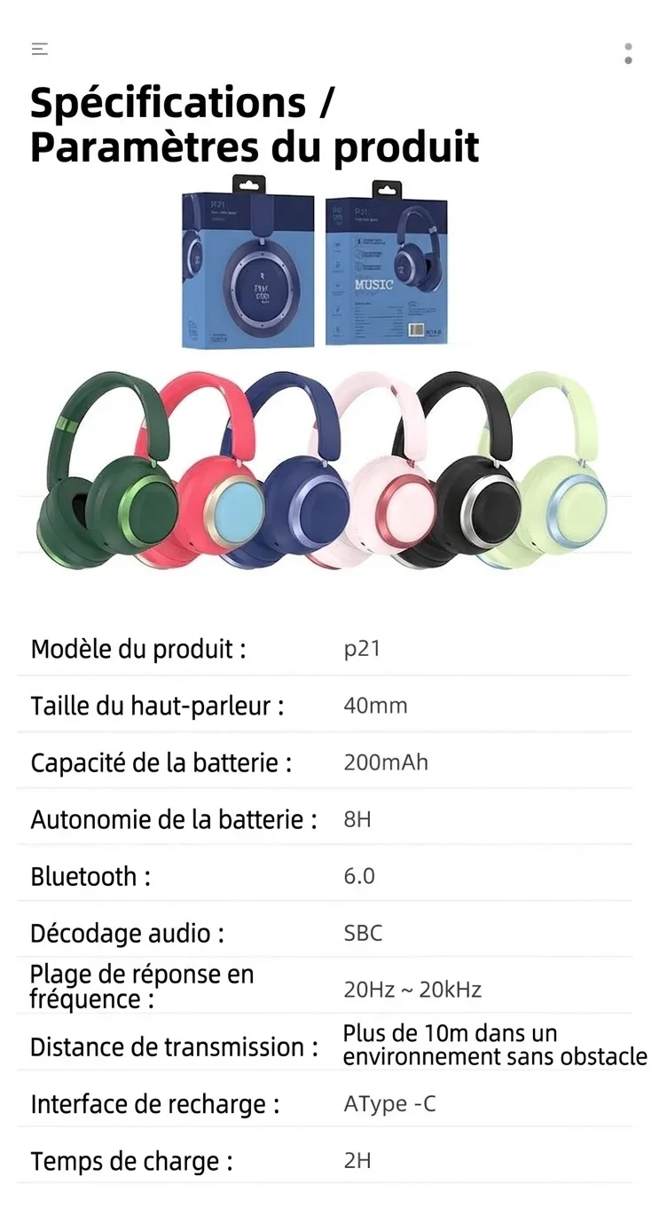 Casque audio sans fil stéréo HiFi P21, Bluetooth 6.0, haut-parleurs de 40 mm, autonomie de 8 heures