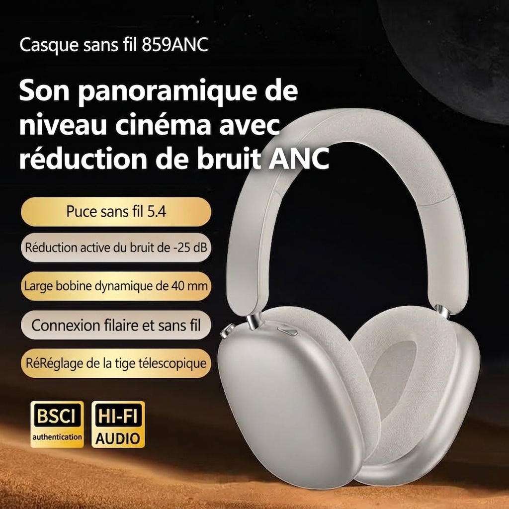 Casque Bluetooth sans fil supra-auriculaire à réduction de bruit