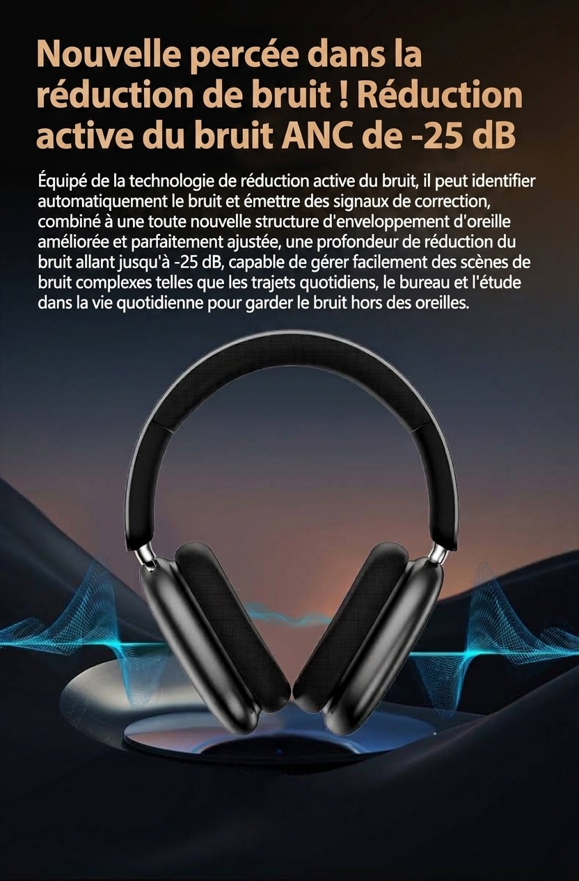 Casque Bluetooth sans fil supra-auriculaire à réduction de bruit