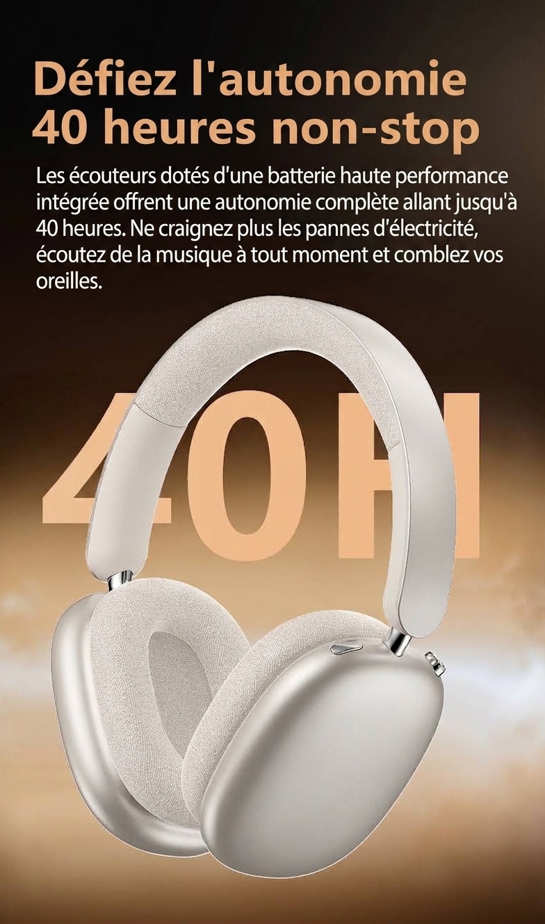 Casque Bluetooth sans fil supra-auriculaire à réduction de bruit