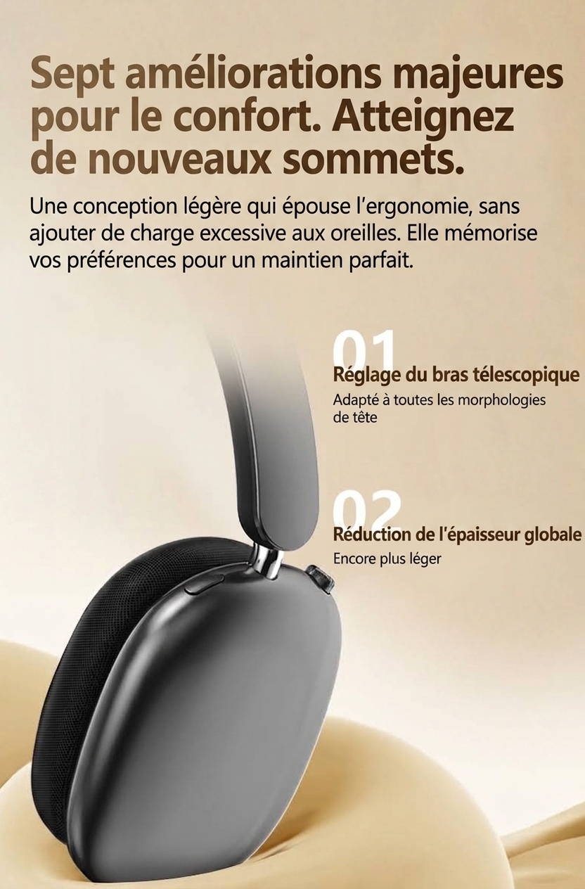Casque Bluetooth sans fil supra-auriculaire à réduction de bruit