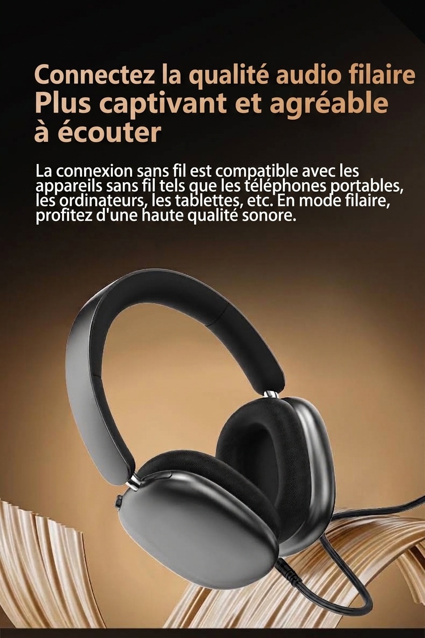 Casque Bluetooth sans fil supra-auriculaire à réduction de bruit