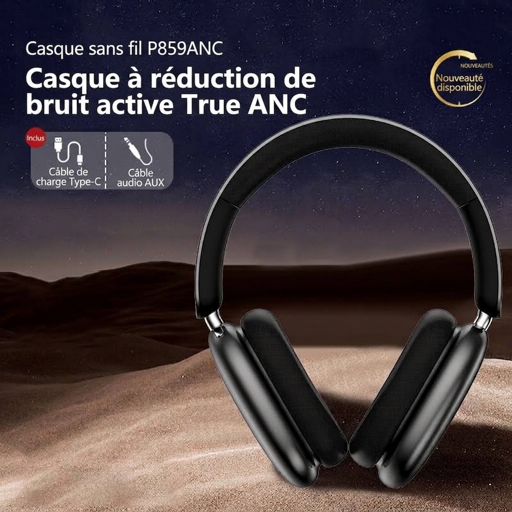 Casque Bluetooth sans fil supra-auriculaire à réduction de bruit