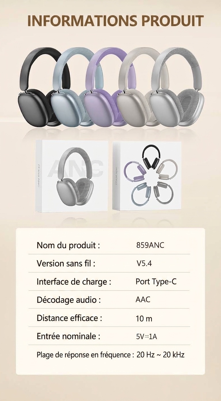 Casque Bluetooth sans fil supra-auriculaire à réduction de bruit