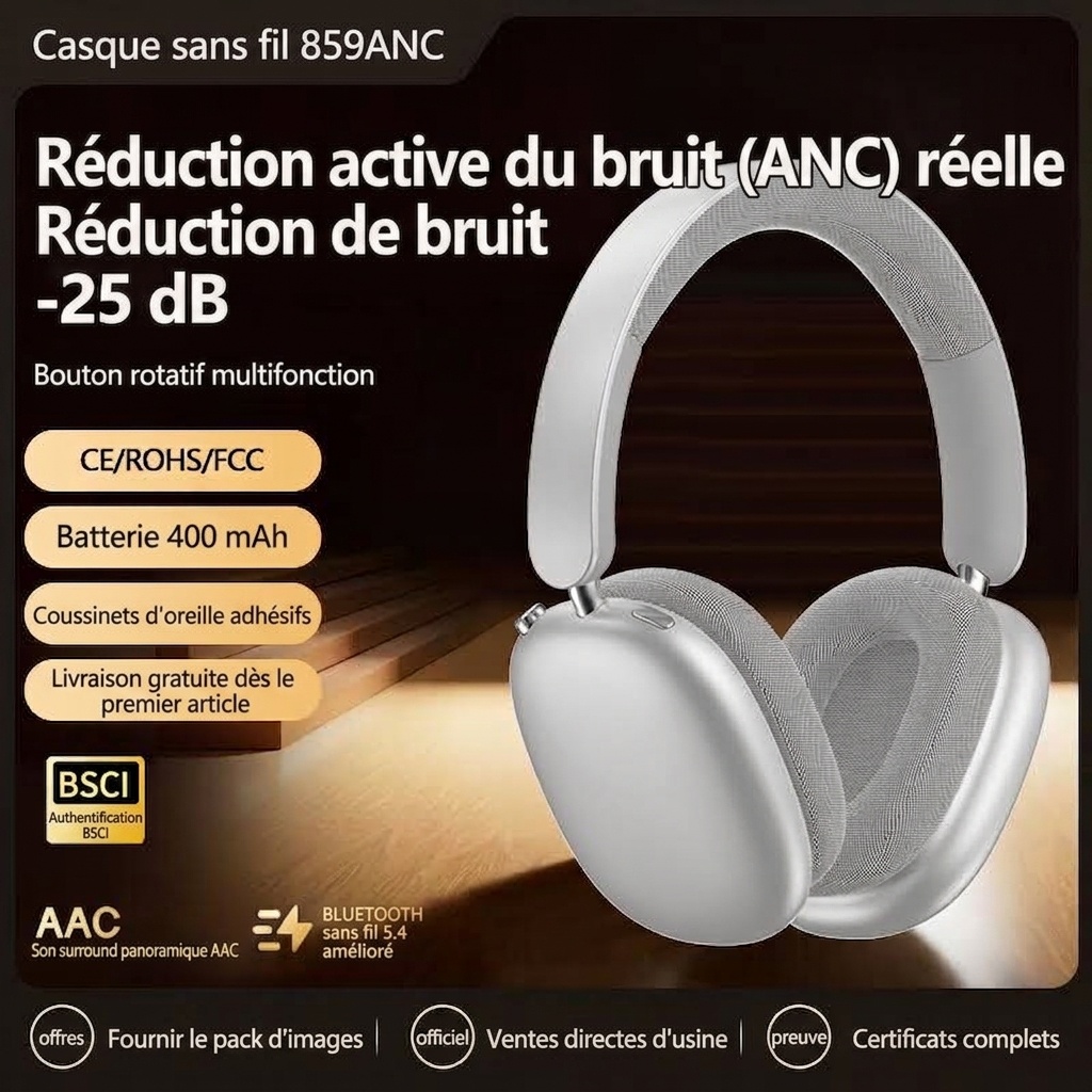 Casque Bluetooth sans fil supra-auriculaire à réduction de bruit