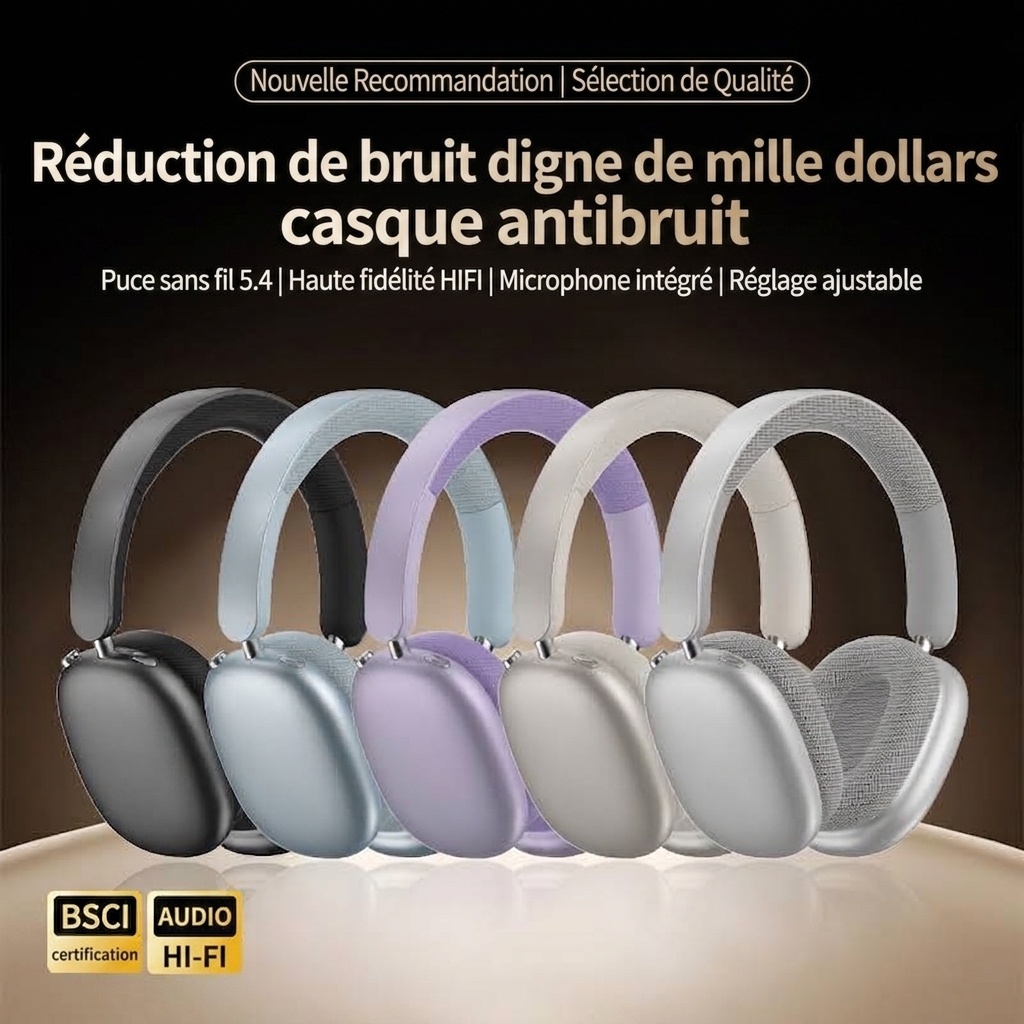 Casque Bluetooth sans fil supra-auriculaire à réduction de bruit