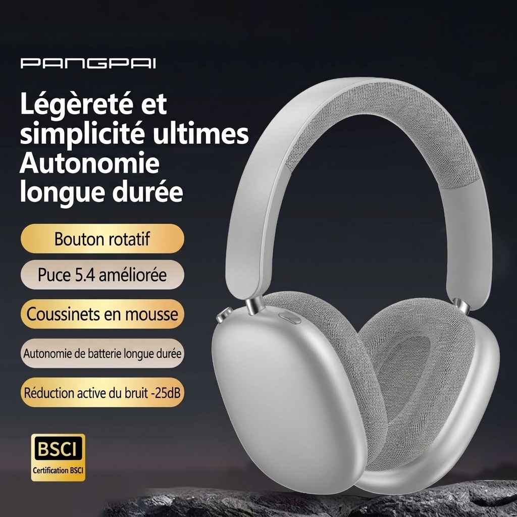 Casque Bluetooth sans fil supra-auriculaire à réduction de bruit