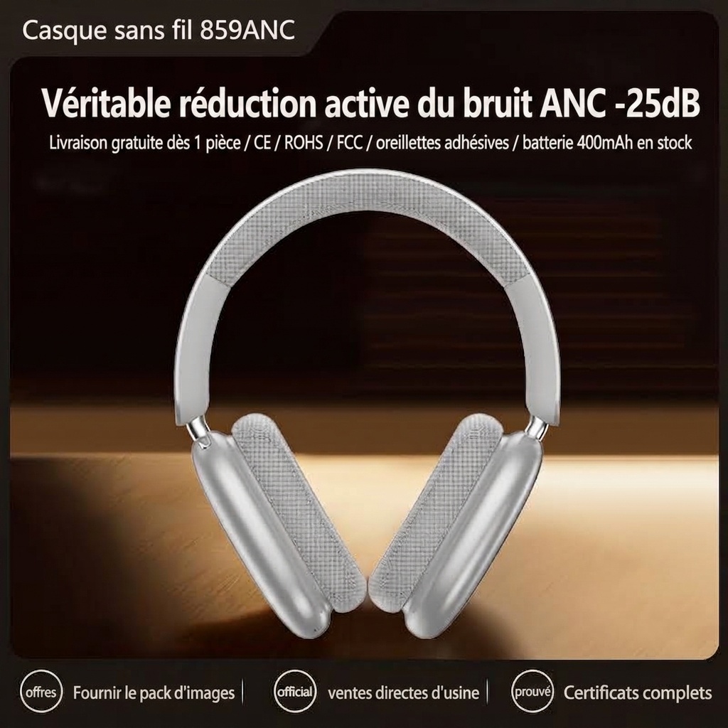 Casque Bluetooth sans fil supra-auriculaire à réduction de bruit