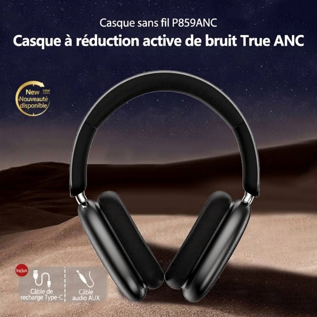 Casque Bluetooth sans fil supra-auriculaire à réduction de bruit