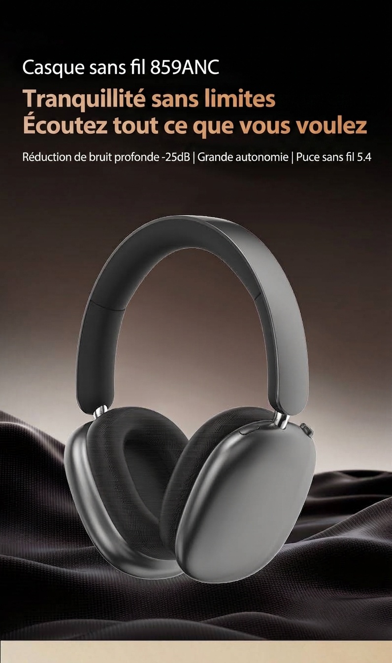 Casque Bluetooth sans fil supra-auriculaire à réduction de bruit