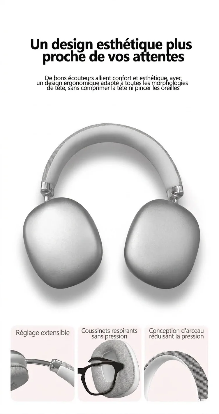 Casque audio sans fil supra-auriculaire avec coussinets d'oreille en maille