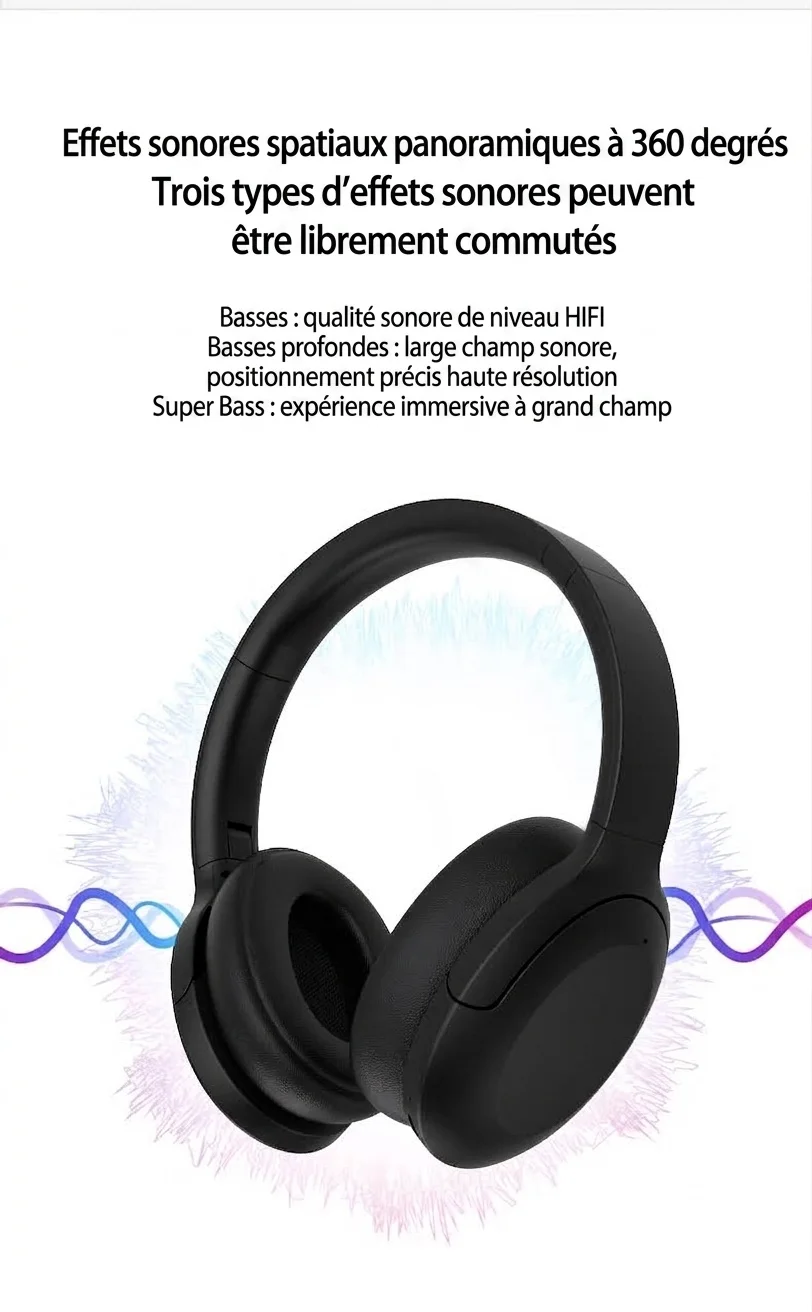 Casque sans fil supra-auriculaire à réduction de bruit active Bluetooth 5.3