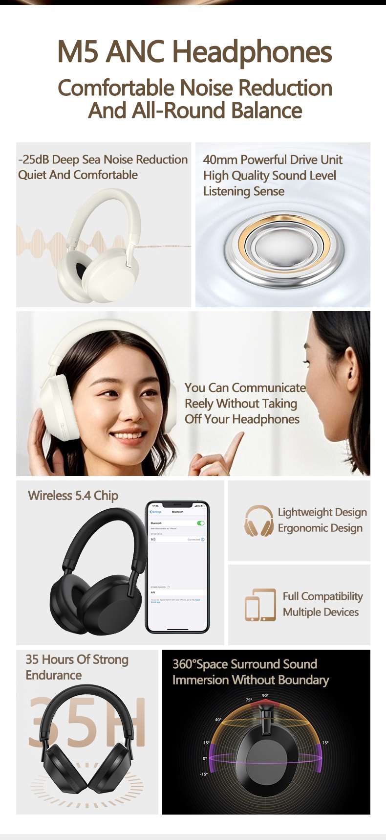Wireless ANC Over-Ear Headphones with Bluetooth 5.4