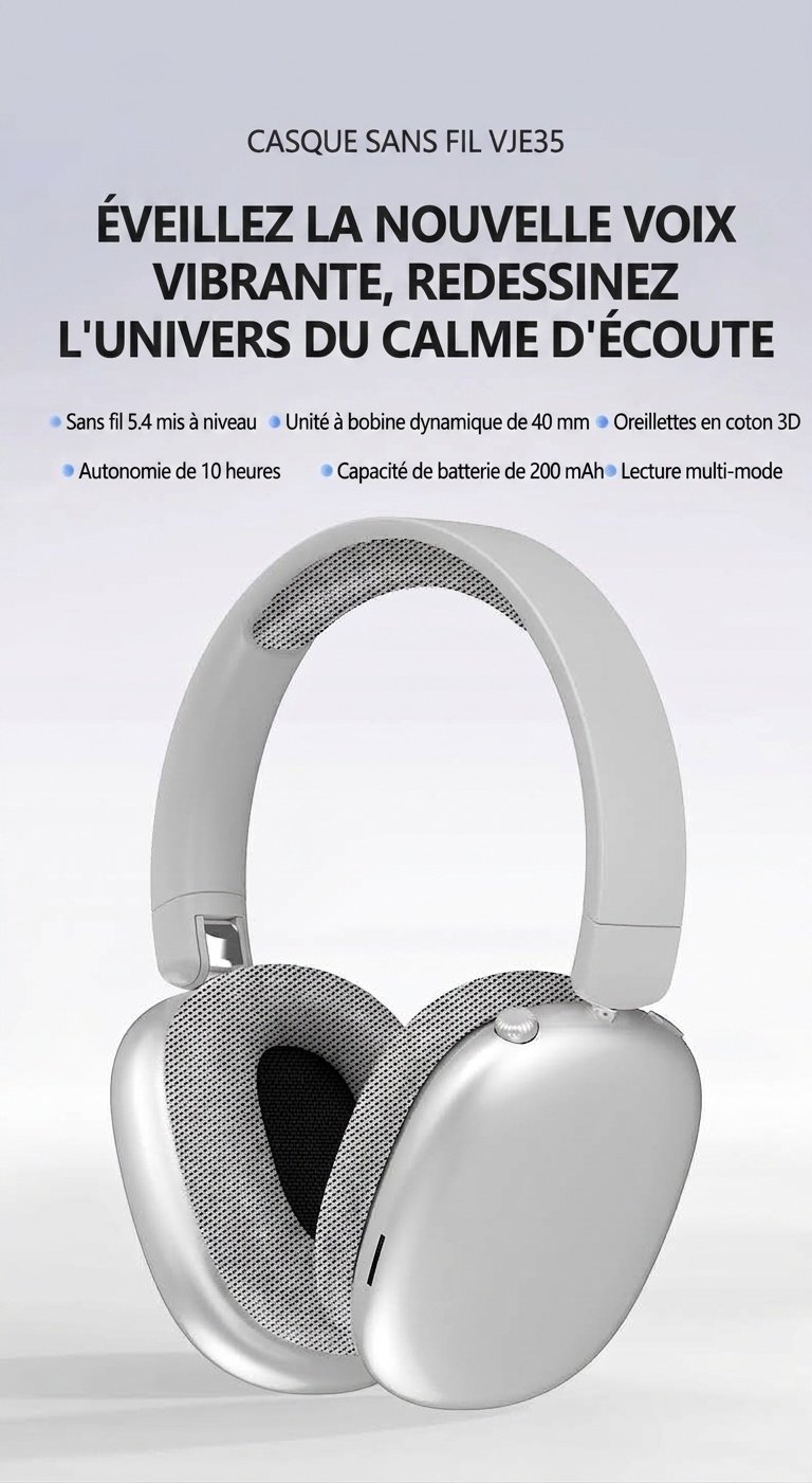 Casque Bluetooth sans fil supra-auriculaire avec oreillettes en maille