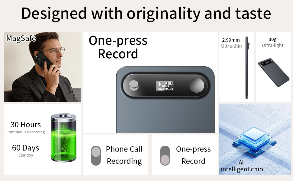 Grabadora de voz con IA, transcripción inteligente y reducción de ruido avanzada, compatible con MagSafe, 30 horas de grabación, 60 días en modo de espera, color gris.