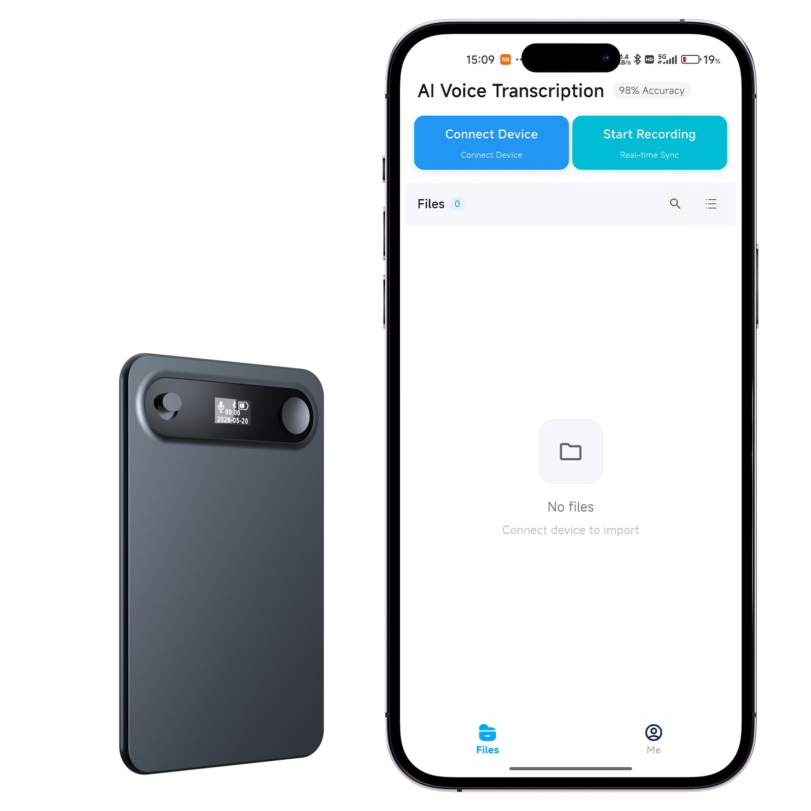 Grabadora de voz con IA, transcripción inteligente y reducción de ruido avanzada, compatible con MagSafe, 30 horas de grabación, 60 días en modo de espera, color gris.