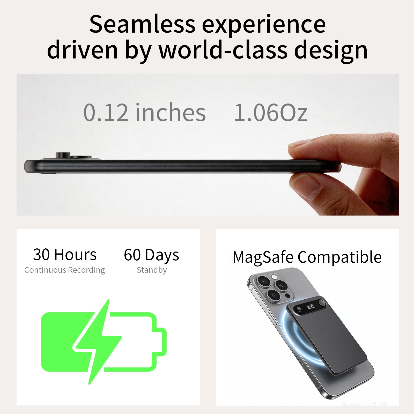 Grabadora de voz con IA, transcripción inteligente y reducción de ruido avanzada, compatible con MagSafe, 30 horas de grabación, 60 días en modo de espera, color gris.