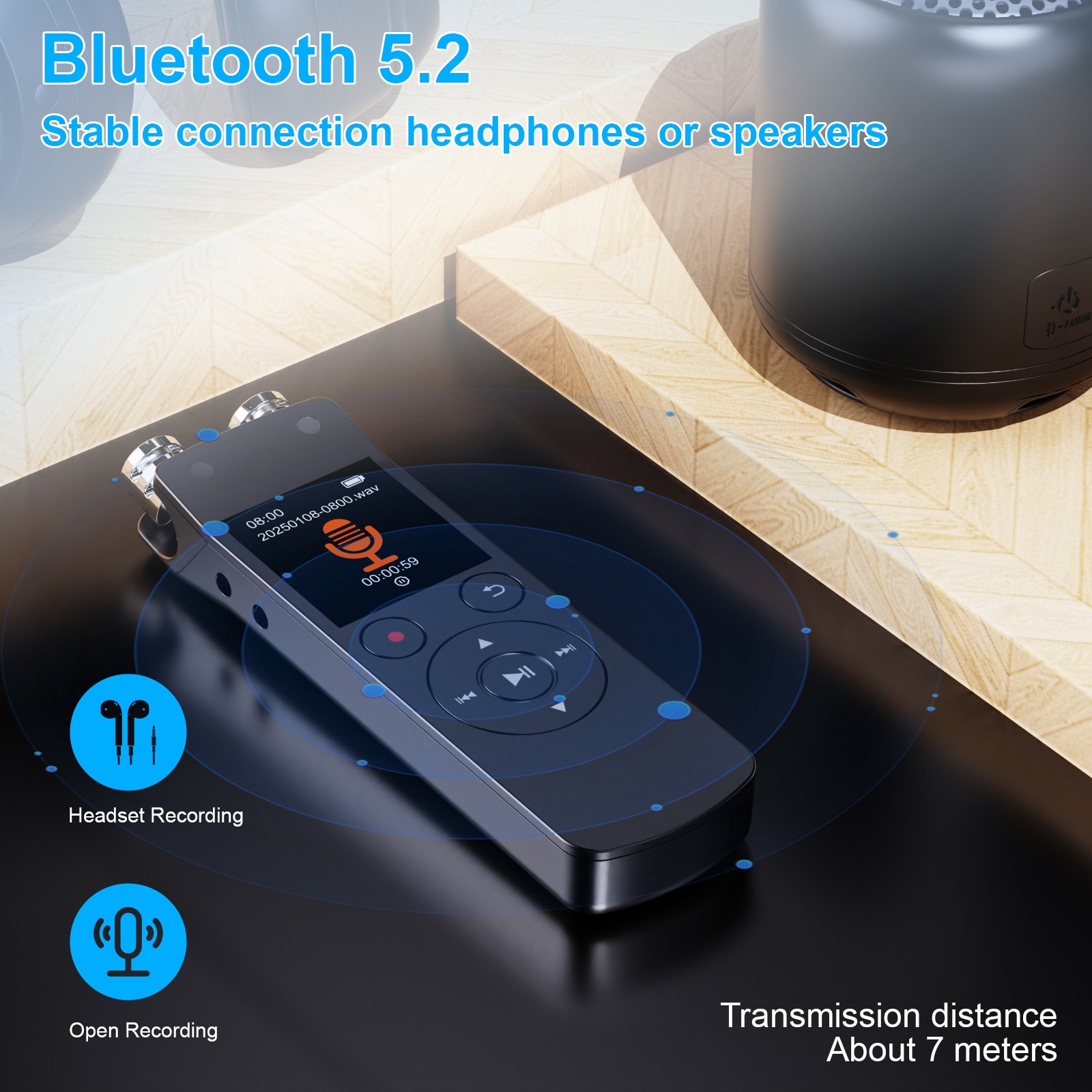 Grabadora de voz digital portátil con Bluetooth 5.2, micrófono de alta sensibilidad, cancelación de ruido avanzada, 20 horas de grabación continua, N15 negra