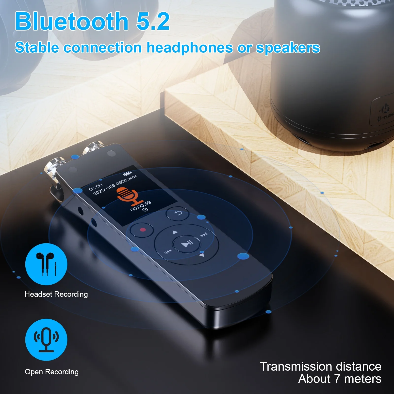 Enregistreur vocal numérique portable avec Bluetooth 5.2, microphone haute sensibilité, réduction de bruit avancée, enregistrement continu jusqu'à 20 heures, N15 Noir