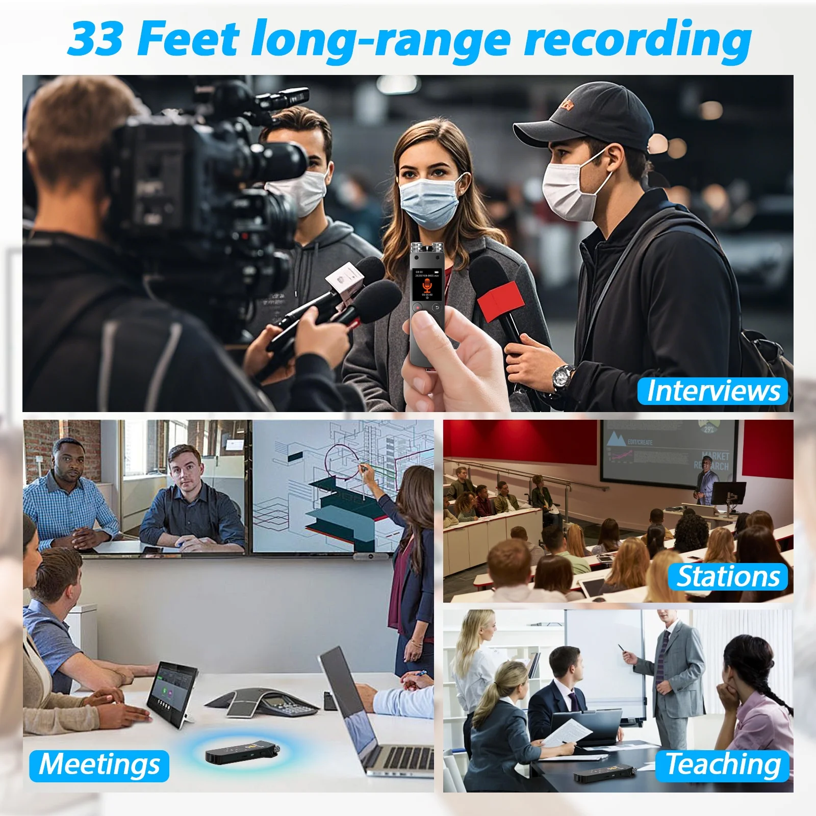 Enregistreur vocal numérique portable avec Bluetooth 5.2, microphone haute sensibilité, réduction de bruit avancée, enregistrement continu jusqu'à 20 heures, N15 Noir
