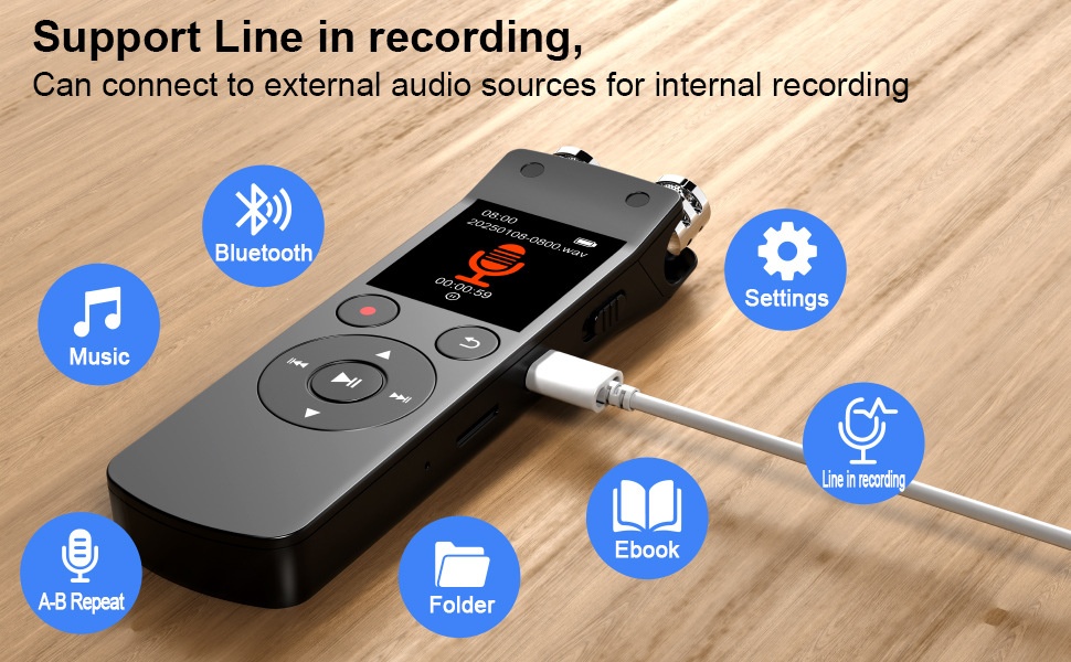 Grabadora de voz digital portátil con Bluetooth 5.2, micrófono de alta sensibilidad, cancelación de ruido avanzada, 20 horas de grabación continua, N15 negra
