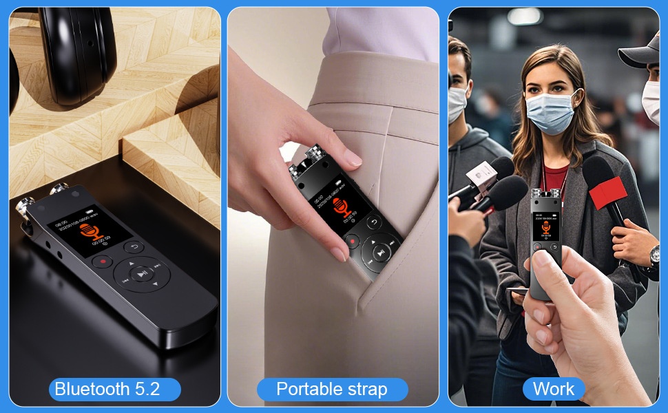 Grabadora de voz digital portátil con Bluetooth 5.2, micrófono de alta sensibilidad, cancelación de ruido avanzada, 20 horas de grabación continua, N15 negra