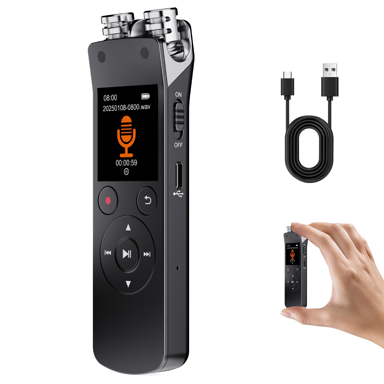 Grabadora de voz digital portátil con Bluetooth 5.2, micrófono de alta sensibilidad, cancelación de ruido avanzada, 20 horas de grabación continua, N15 negra