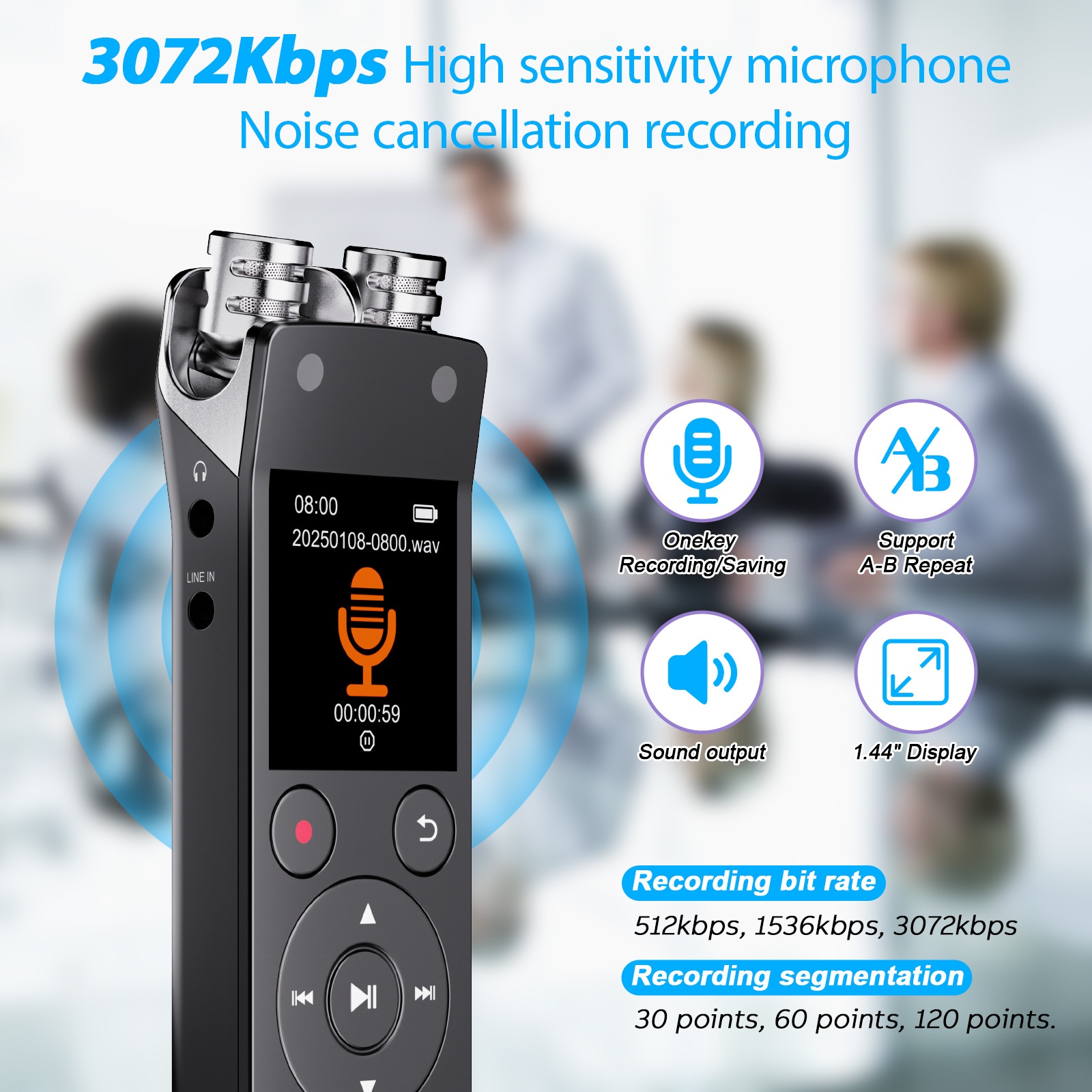 Grabadora de voz digital portátil con Bluetooth 5.2, micrófono de alta sensibilidad, cancelación de ruido avanzada, 20 horas de grabación continua, N15 negra