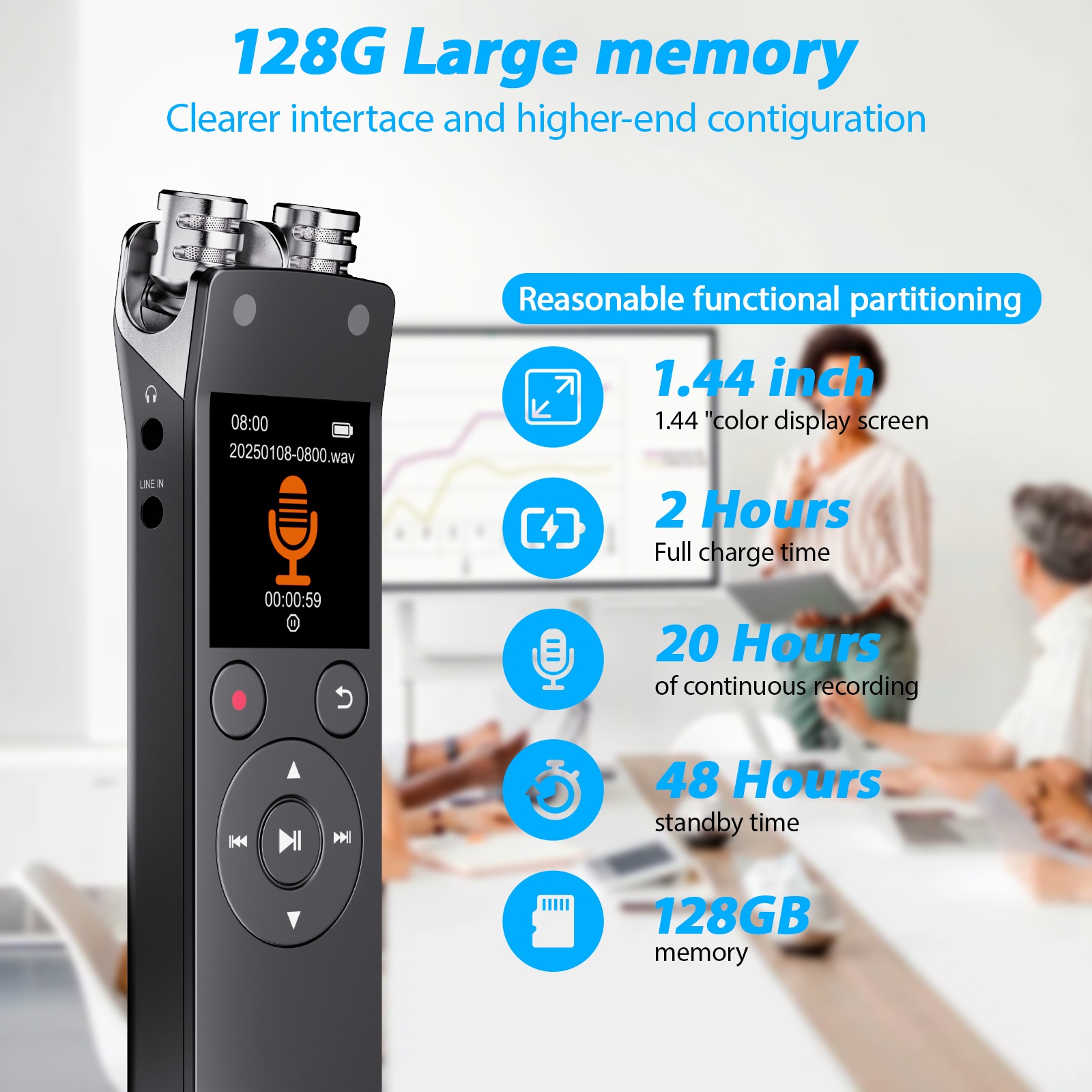 Grabadora de voz digital portátil con Bluetooth 5.2, micrófono de alta sensibilidad, cancelación de ruido avanzada, 20 horas de grabación continua, N15 negra