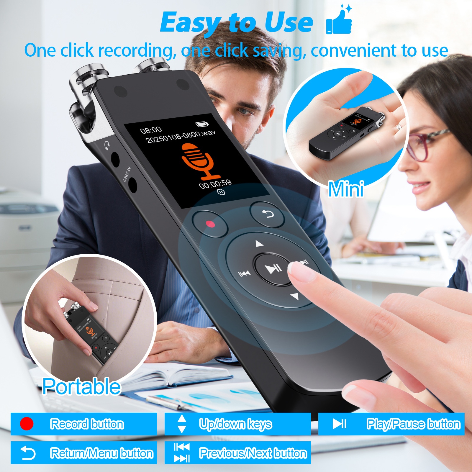 Grabadora de voz digital portátil con Bluetooth 5.2, micrófono de alta sensibilidad, cancelación de ruido avanzada, 20 horas de grabación continua, N15 negra