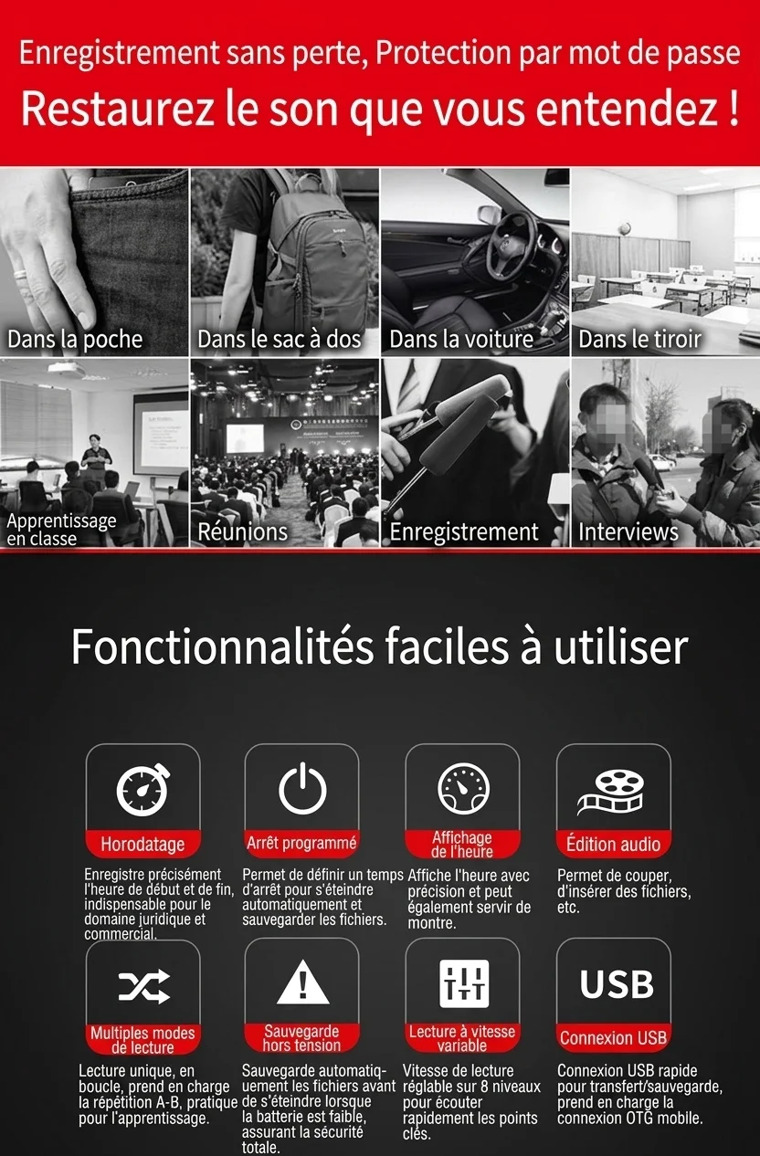 Enregistreur vocal numérique portable avec lecture HiFi, réduction intelligente du bruit, cryptage sécurisé des fichiers, autonomie prolongée, N5 Noir