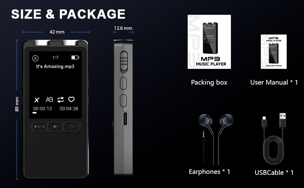 Reproductor MP3 portátil con 128 GB de almacenamiento interno, conectividad Bluetooth 5.2, audio de alta fidelidad, 20 horas de duración de la batería, N27 Negro