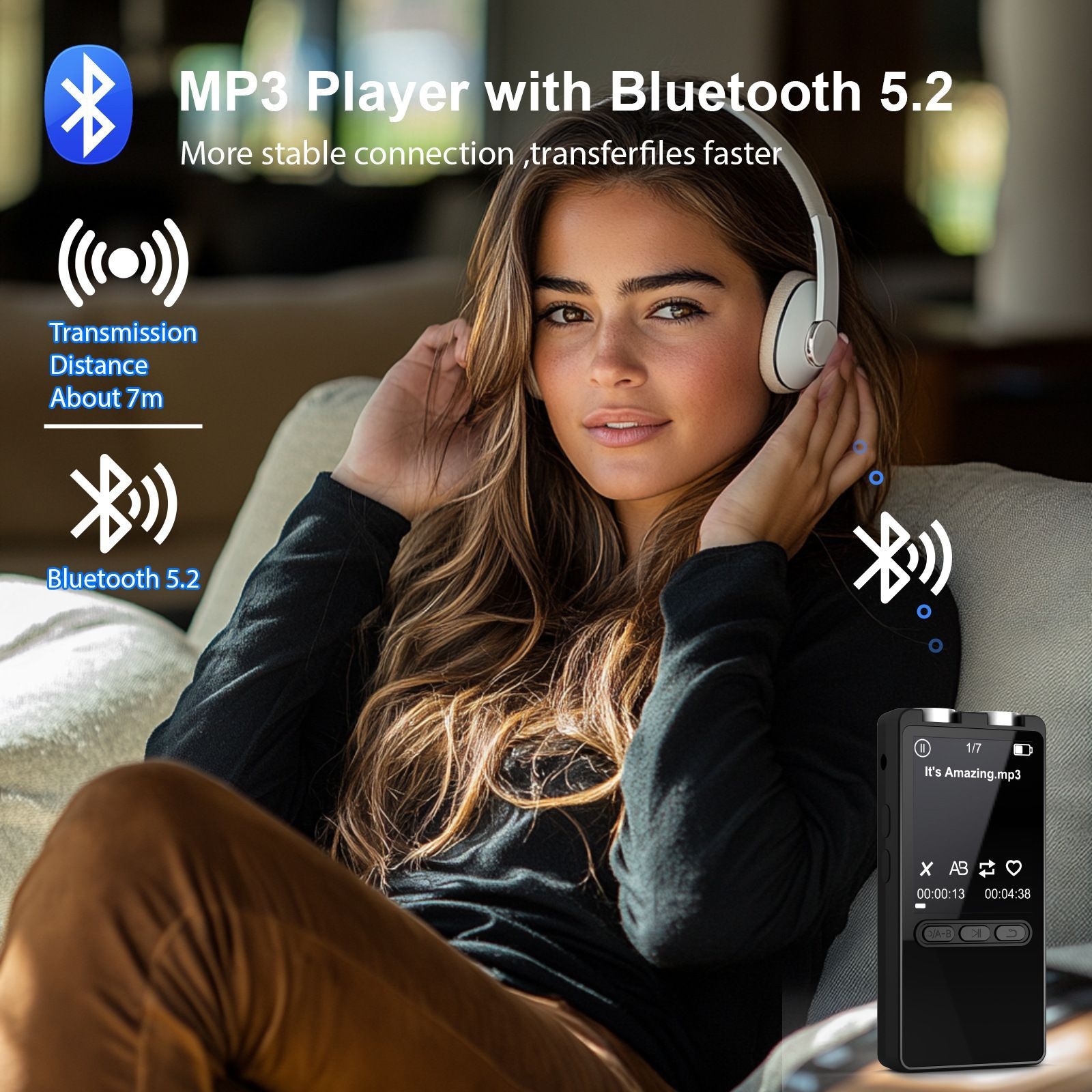 Reproductor MP3 portátil con 128 GB de almacenamiento interno, conectividad Bluetooth 5.2, audio de alta fidelidad, 20 horas de duración de la batería, N27 Negro