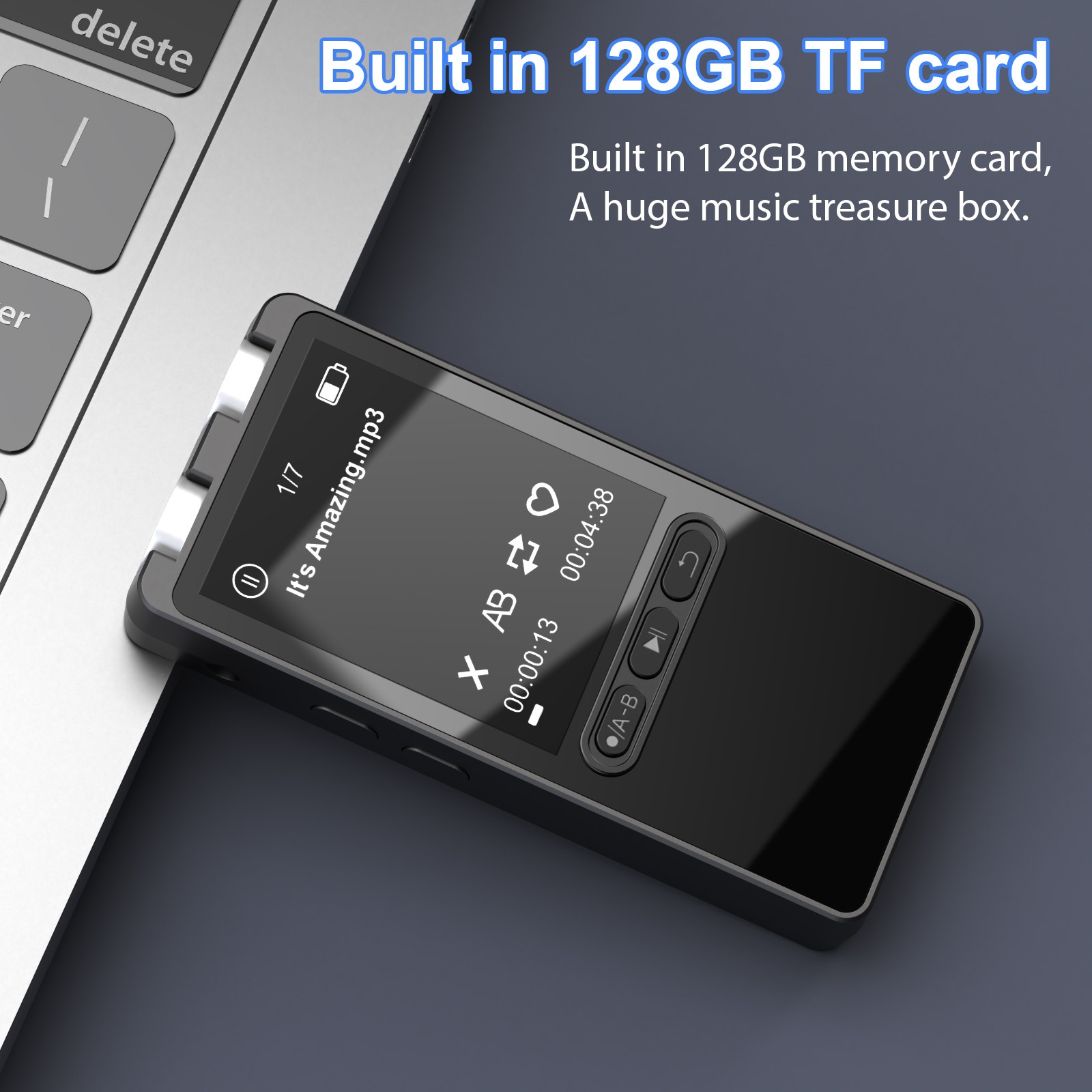 Reproductor MP3 portátil con 128 GB de almacenamiento interno, conectividad Bluetooth 5.2, audio de alta fidelidad, 20 horas de duración de la batería, N27 Negro