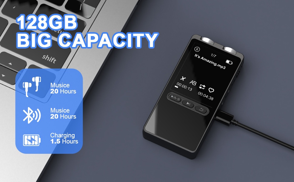Reproductor MP3 portátil con 128 GB de almacenamiento interno, conectividad Bluetooth 5.2, audio de alta fidelidad, 20 horas de duración de la batería, N27 Negro