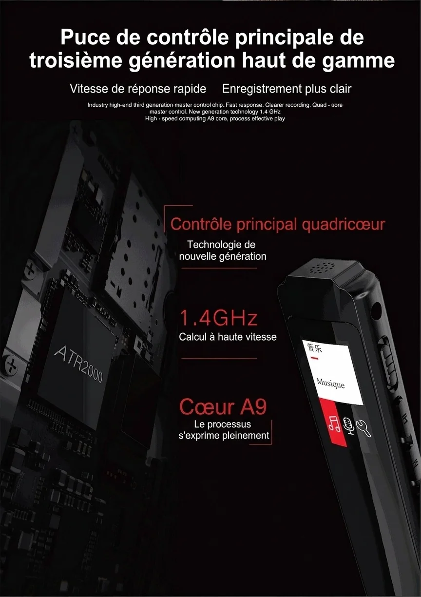 Enregistreur vocal numérique et lecteur MP3 2 en 1, microphone haute fidélité, réduction intelligente du bruit, autonomie prolongée, appareil audio portable, N1 Noir