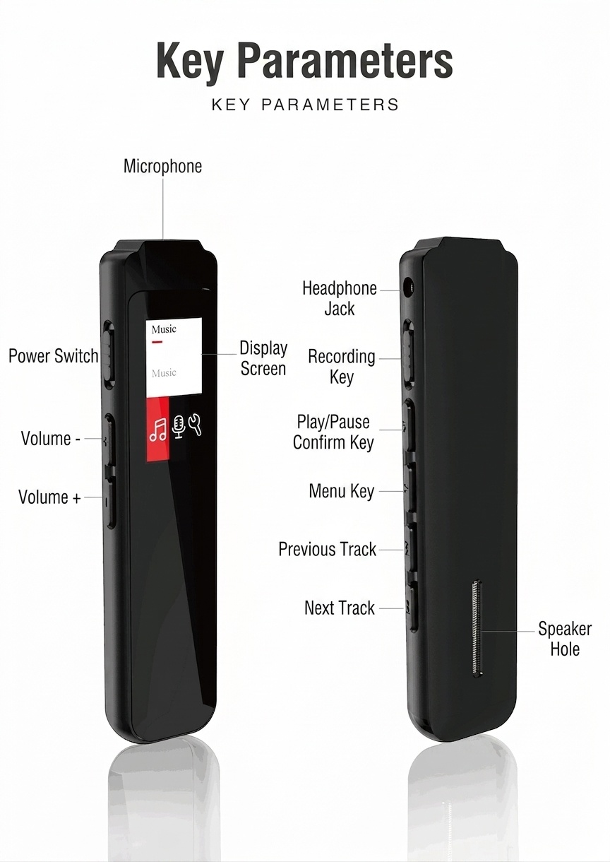Grabadora de voz digital y reproductor de MP3 2 en 1, micrófono de alta fidelidad, cancelación de ruido inteligente, batería de larga duración, dispositivo de audio portátil, N1 Negro
