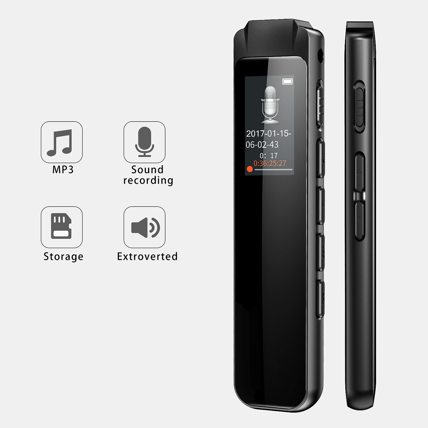 Grabadora de voz digital y reproductor de MP3 2 en 1, micrófono de alta fidelidad, cancelación de ruido inteligente, batería de larga duración, dispositivo de audio portátil, N1 Negro