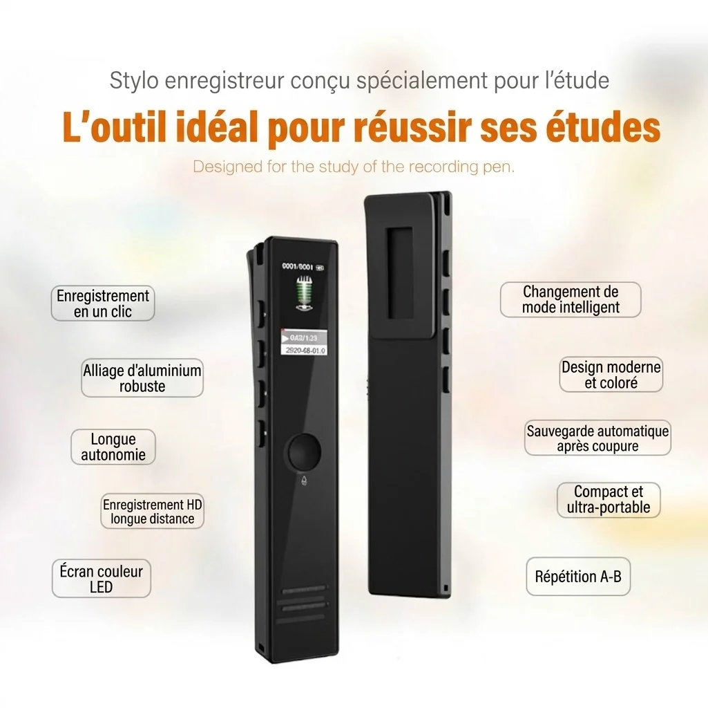 Enregistreur vocal numérique compact avec écran LED HD, lecture MP3, réduction intelligente du bruit, autonomie de 13 heures, N8S Noir