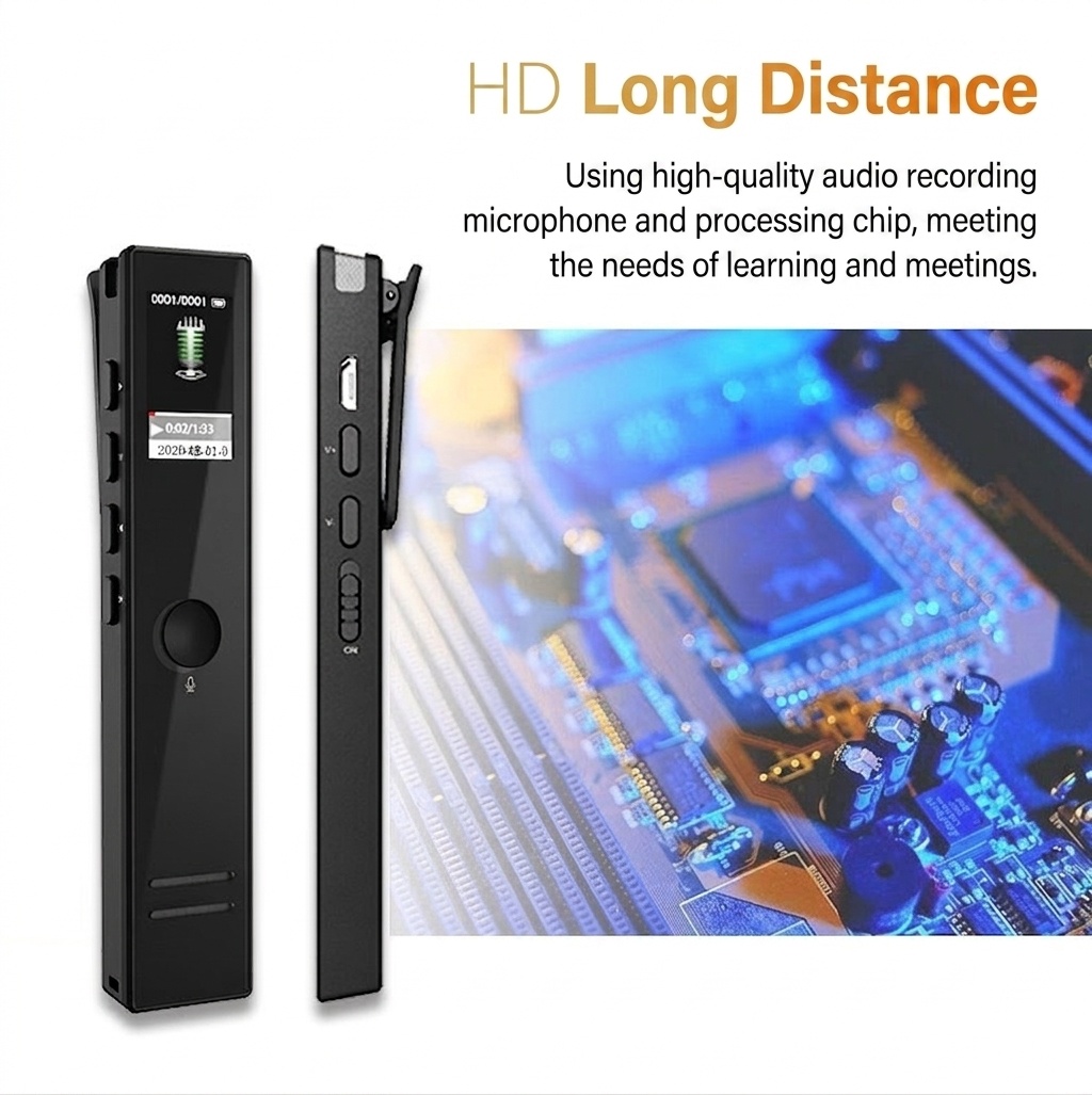 Grabadora de voz digital compacta con pantalla LED HD, reproducción de MP3, reducción de ruido inteligente, 13 horas de autonomía de batería, N8S negra